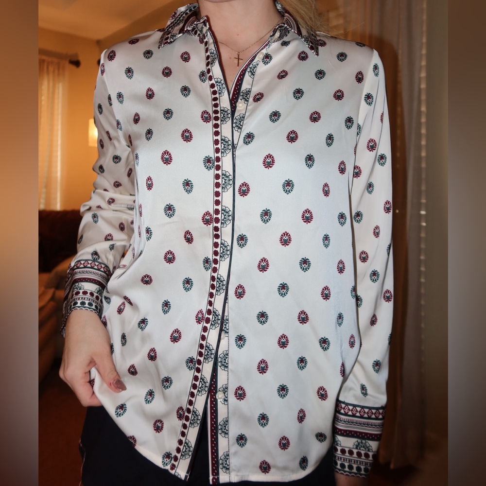Rachel Zoe Cream Blouse with Red and Blue Patterns